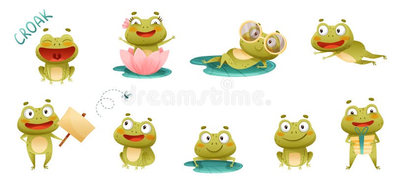 Ranas Graciosas Y Lindas En El Conjunto De Actividades Cotidianas. Dibujos  Animados De Toads Verdes Ilustraciones Vectoriales Ilustración del Vector -  Ilustración de animal, bandera: 236520652