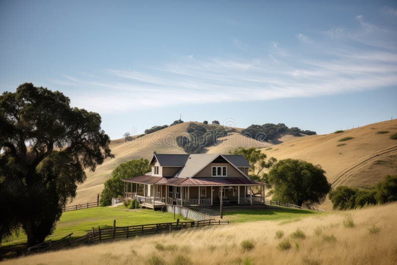 Ranch House with View of Rolling Hills and Farmland, Lined with Trees