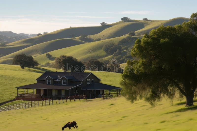 Ranch House with View of Rolling Hills and Fields, with Horse and