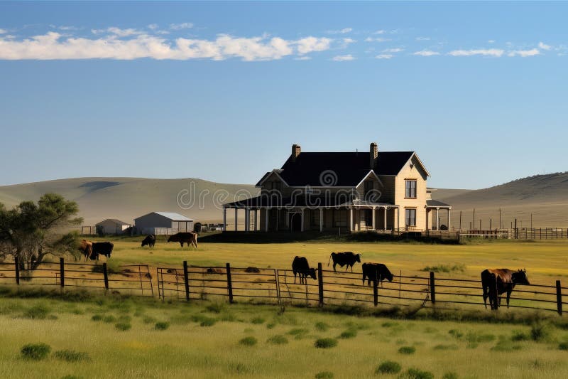 Ranch House, with View of Rolling Hills and Grazing Cattle, on Warm