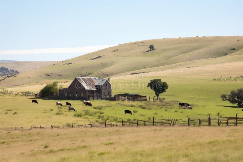 Ranch House, with View of Rolling Hills and Grazing Livestock Stock