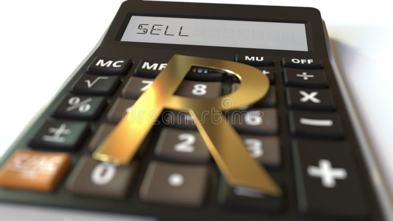 Rand money symbol on the keys and SELL text on calculator display, conceptual 3d rendering stock illustration
