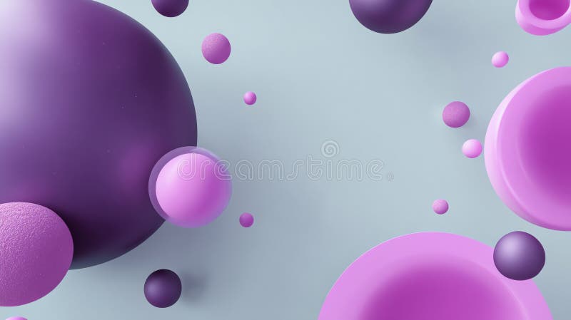 Randare 3D abstractă : Sfere mov și roz plutitoare pe fundal albastru deschis. Perfect pentru design modern și tehnologie royalty free stock images