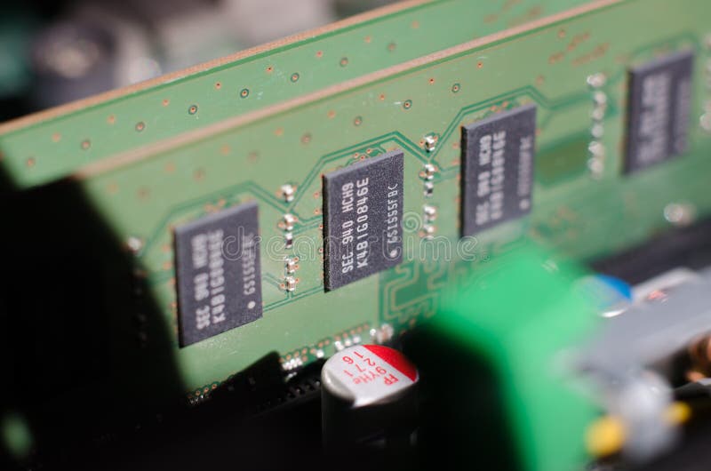 Random access memory of a personal computer macro photo with selective focus royalty free stock image