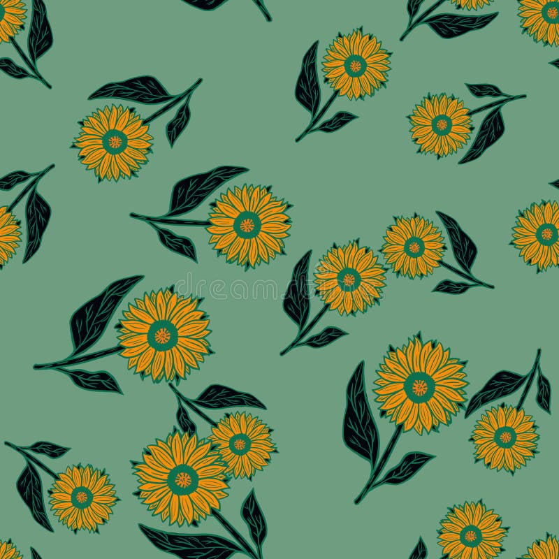 Random creative seamless pattern with yellow contoured sunflower shapes. Blue background. Bloom print royalty free illustration