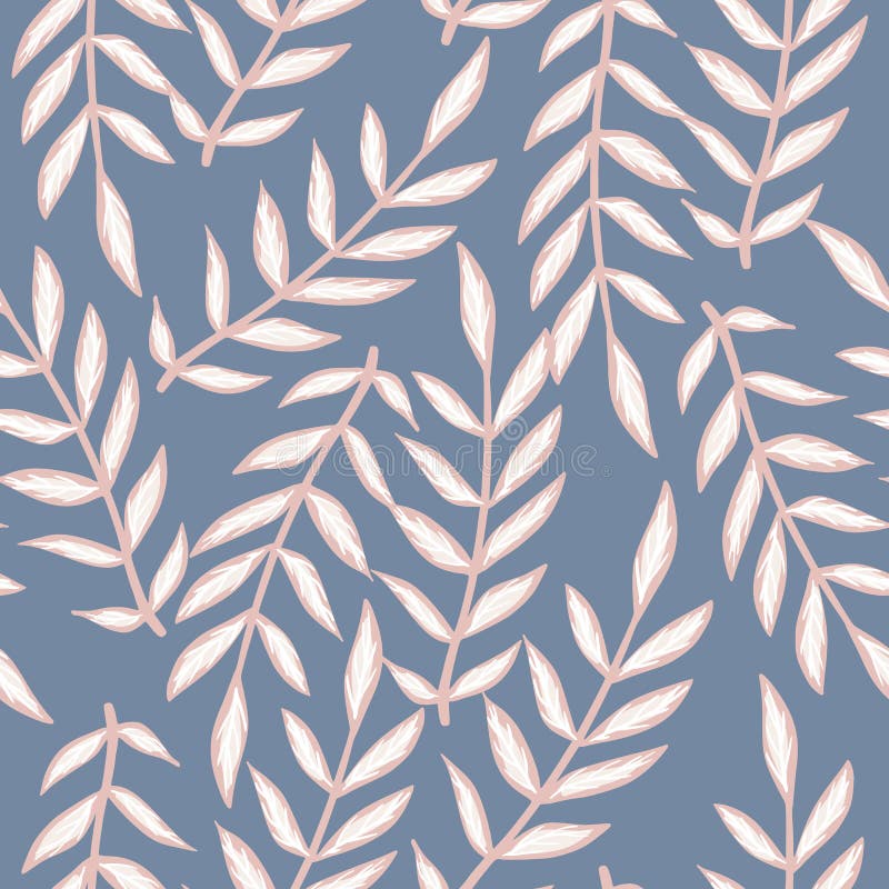 Random nature doodle seamless pattern with leaf branches ornament. Pastel navy blue background. Simple design