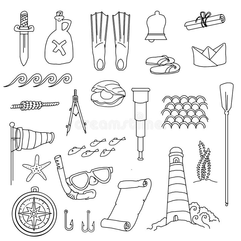 Ocean Items Doodle. Hand Drawing Styles for Sea Item Stock Vector