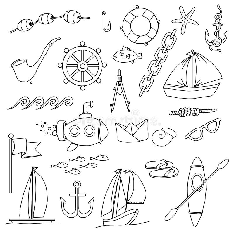 Ocean Items Doodle. Hand Drawing Styles for Sea Item Stock Vector -  Illustration of life, ship: 128693387