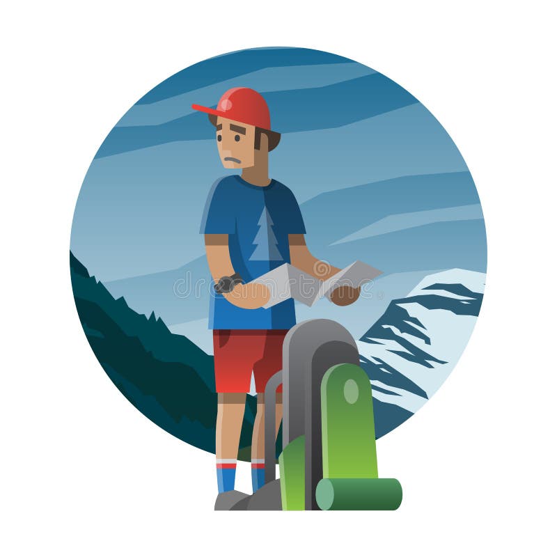 Randonneur avec le sac à dos perdu dans le sauvage Trekking, hausse, s'élevant illustration libre de droits Randonneur avec le sac à dos perdu dans le sauvage Trekking, hausse, s'élevant illustration libre de droits
