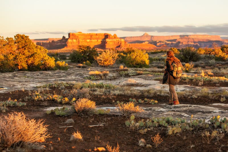 Randonneur en parc national de Canyonlands, aiguilles dans le ciel, en Utah, les Etats-Unis photos libres de droits Randonneur en parc national de Canyonlands, aiguilles dans le ciel, en Utah, les Etats-Unis photos libres de droits