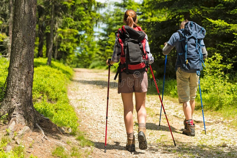 Randonneurs sur le chemin avec des poteaux de trekking photo stock Randonneurs sur le chemin avec des poteaux de trekking photo stock