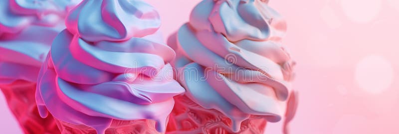 Row of colorful soft serve ice cream cones in pink and blue tones with bokeh background banner. Panoramic web header. Wide screen wallpaper. AI generated. Row of colorful soft serve ice cream cones in pink and blue tones with bokeh background banner. Panoramic web header. Wide screen wallpaper. AI generated