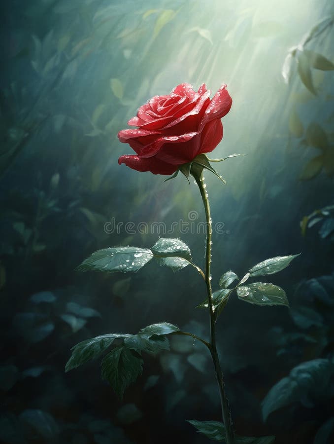 Rano rosa róża czerwona róża błyszcząca rano rosa jest wysoka w ciemnym ogrodzie symbolizującym nadzieję piękności royalty ilustracja