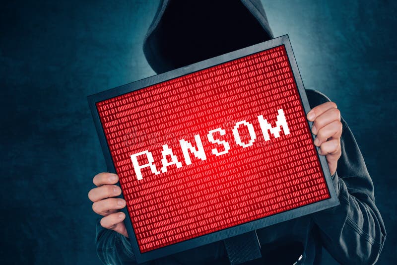 Ransomware computer virus concept, hacker with monitor royalty free stock photos