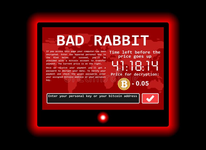 Bad rabbit ransomware computer virus encrypter cyber attack screen illustration vector illustration Bad rabbit ransomware computer virus encrypter cyber attack screen illustration vector illustration