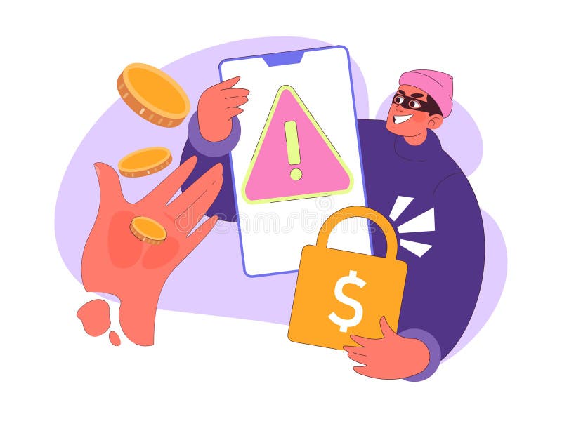 Ransomware concept. Sneaky hacker demands digital coins, holding vector illustration