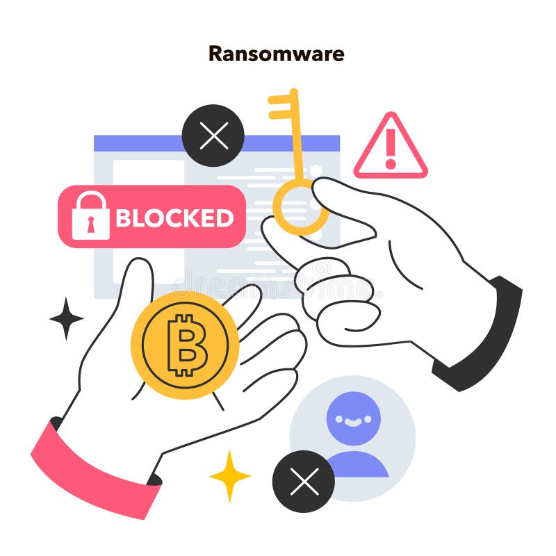 Ransomware hacker attack. Type of extortion software or malware that locks access to data or a computer system. Hacker demanding a ransom to unblock the database. Flat vector illustration