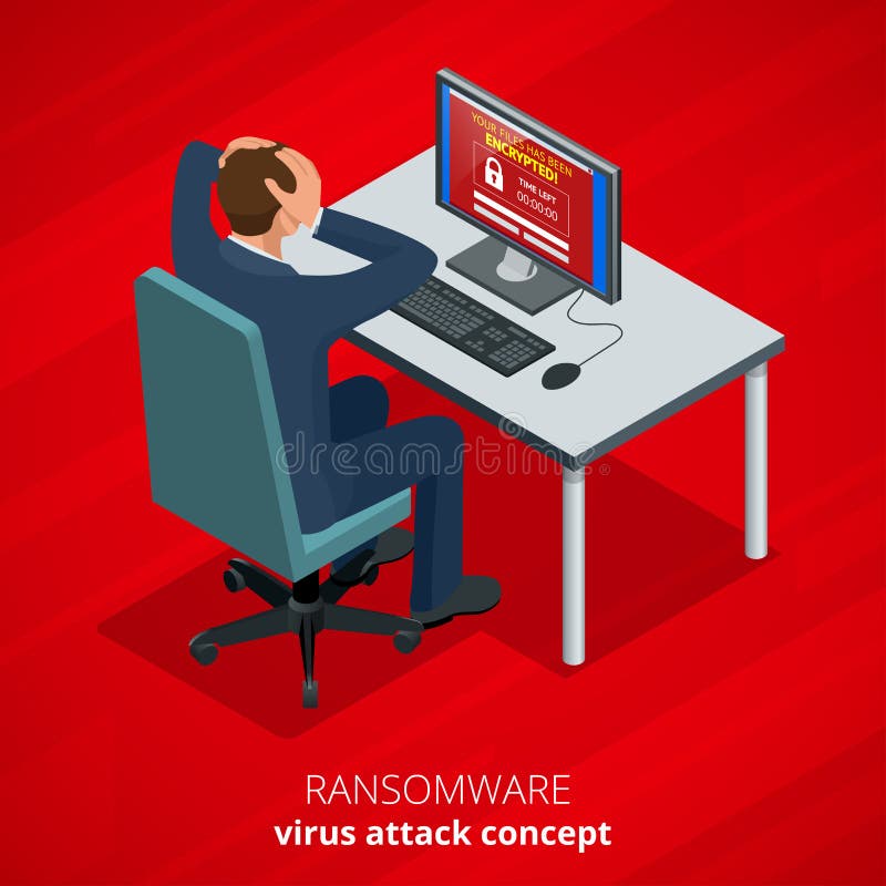 Ransomware, malicious software that blocks access to the victims data. Hacker attacks network. Isometric vector vector illustration
