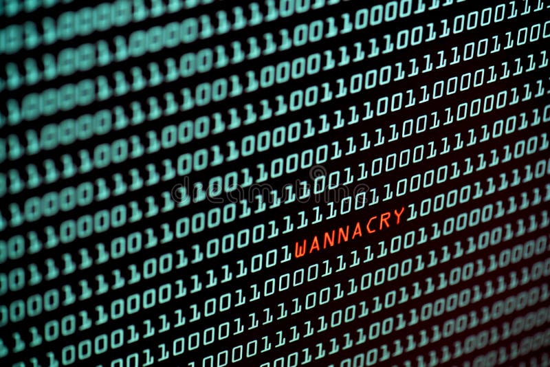 Text ransomware sau wannacry și concept de cod binar de pe ecranul computerului desktop, tehnologie de securitate cu focalizare se royalty free stock images