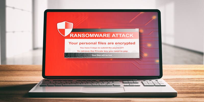Ransomware, wirusa ataka ostrzeżenie na komputerowym laptopu ekranie, drewniany biurko, plamy biurowy tło, frontowy widok ilustracja wektor