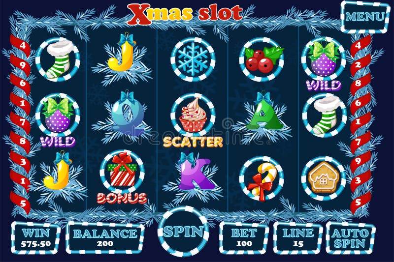 Ranura navideña, interfaz de interfaz de usuario de juego e iconos en color azul Menú completo para juegos de casino ilustración del vector