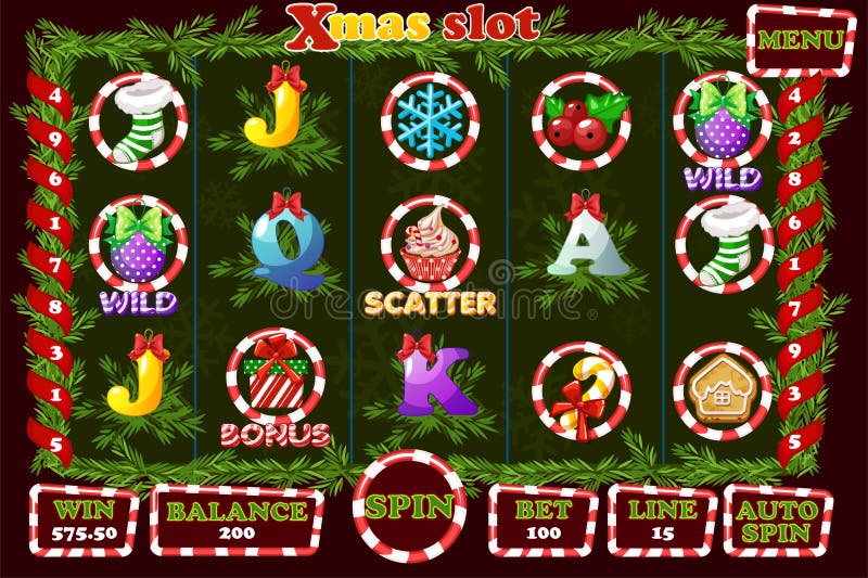 Ranura navideña, interfaz de interfaz de usuario de juego e iconos Menú completo para juegos de casino ilustración del vector