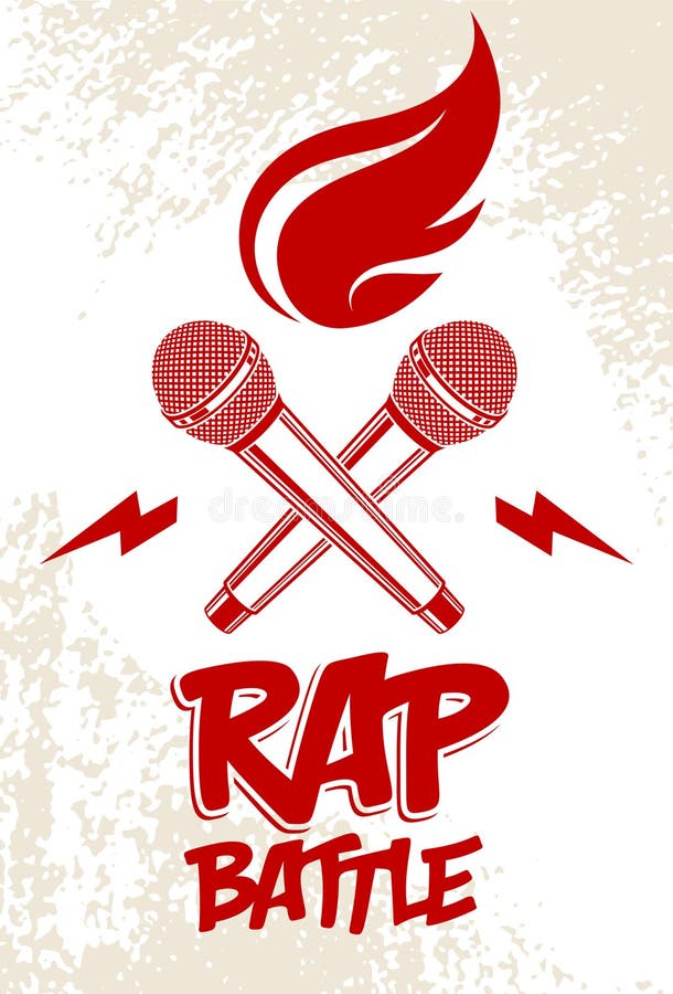 Rap bitvector logo lub emblem z dwoma mikrofonami skrzyżowanymi i hot hip hop hot rhymes music mic na festiwalu koncertowym flames ilustracji