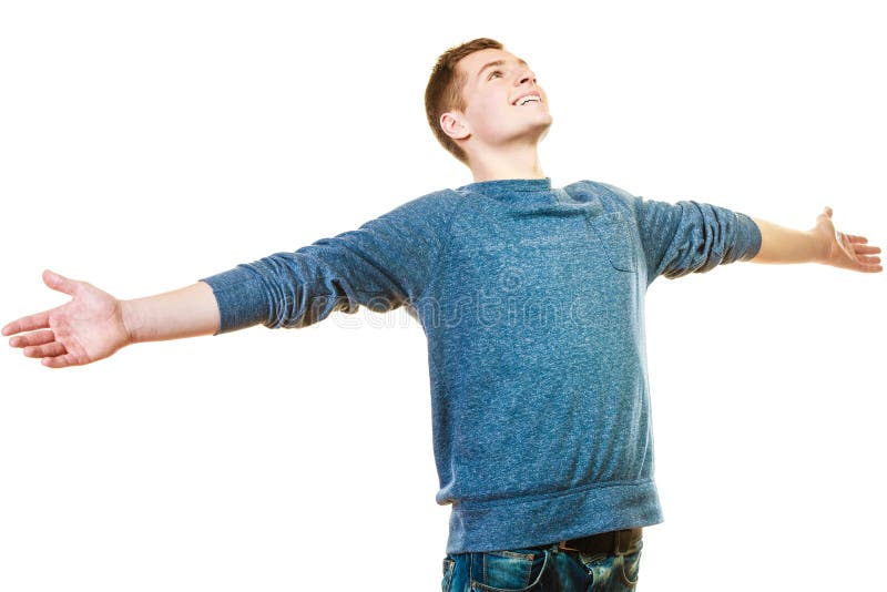 Rapaz bem sucedido do homem feliz com os braços aumentados foto de stock Rapaz bem sucedido do homem feliz com os braços aumentados foto de stock