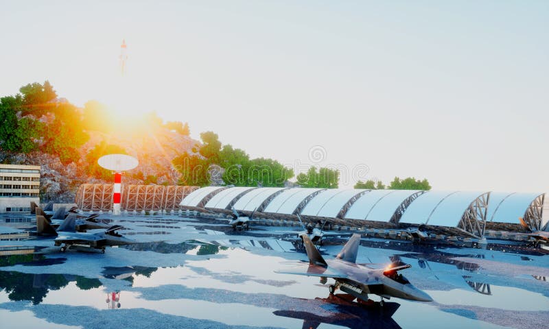 Rapaz de F 22, avión de combate militar Base militar Puesta del sol representación 3d imagenes de archivo Rapaz de F 22, avión de combate militar Base militar Puesta del sol representación 3d imagenes de archivo