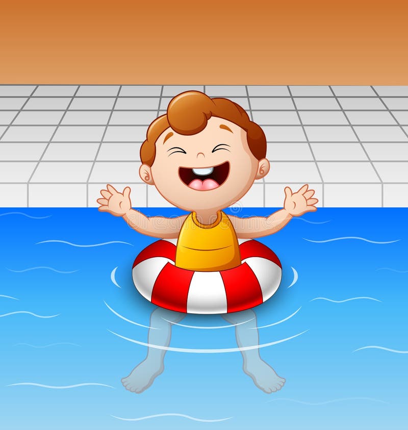 Rapaz pequeno feliz que flutua na piscina com círculo inflável ilustração do vetor Rapaz pequeno feliz que flutua na piscina com círculo inflável ilustração do vetor