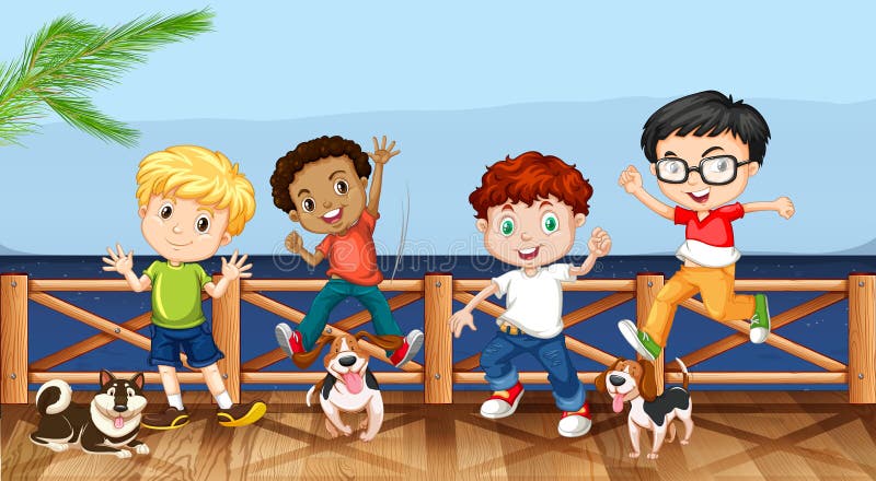 Rapazes pequenos e seus cães de estimação ilustração royalty free Rapazes pequenos e seus cães de estimação ilustração royalty free