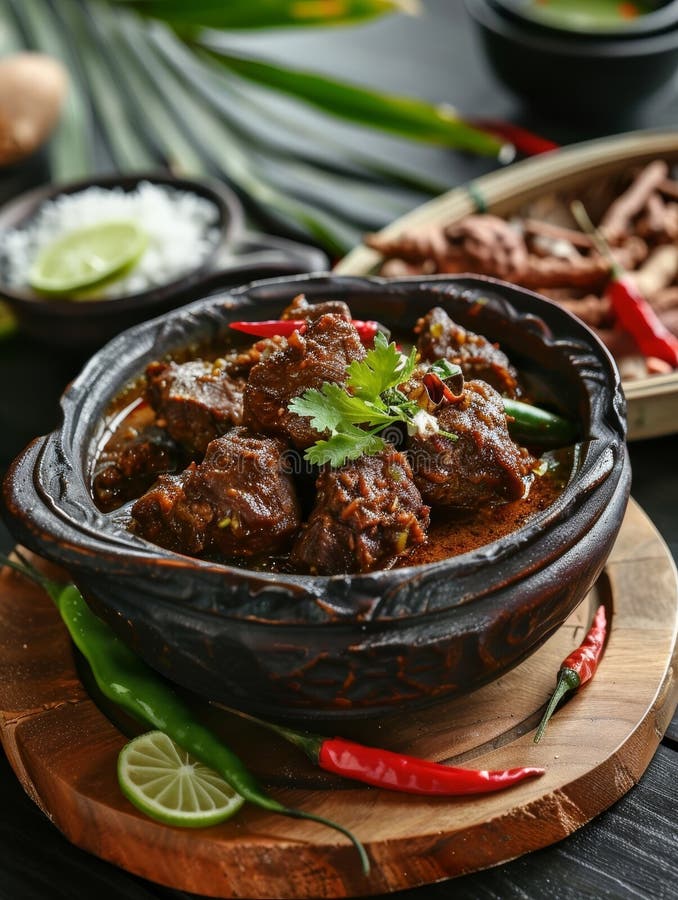Indonesian rendang in a clay pot, slow-cooked beef in coconut milk and spices. A rich and flavorful dish from Indonesia AI generated. Indonesian rendang in a clay pot, slow-cooked beef in coconut milk and spices. A rich and flavorful dish from Indonesia AI generated