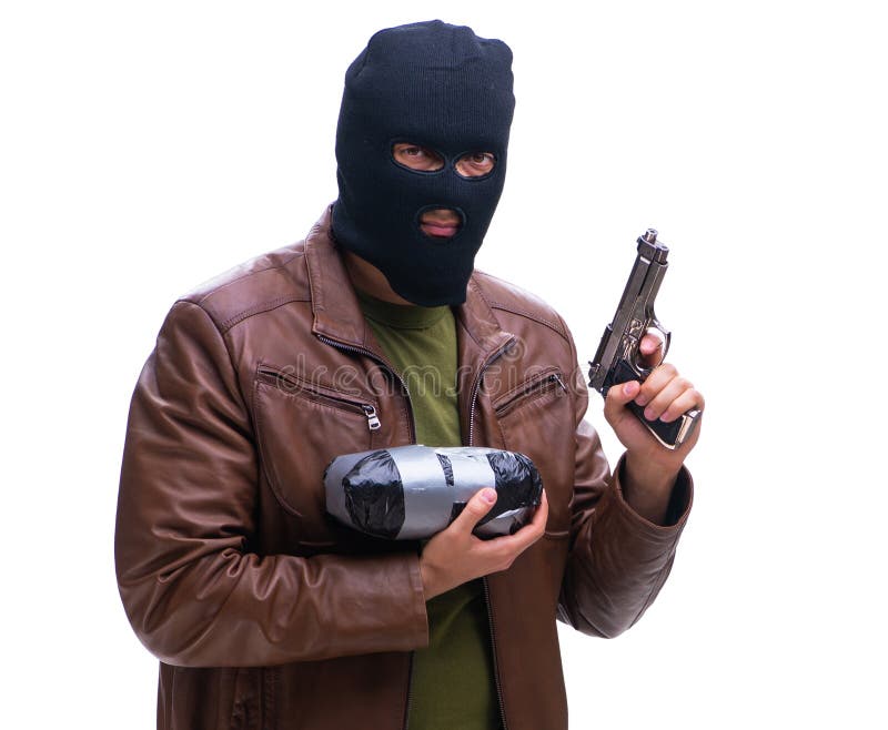 The robber wearing balaclava isolated on white background. The robber wearing balaclava isolated on white background