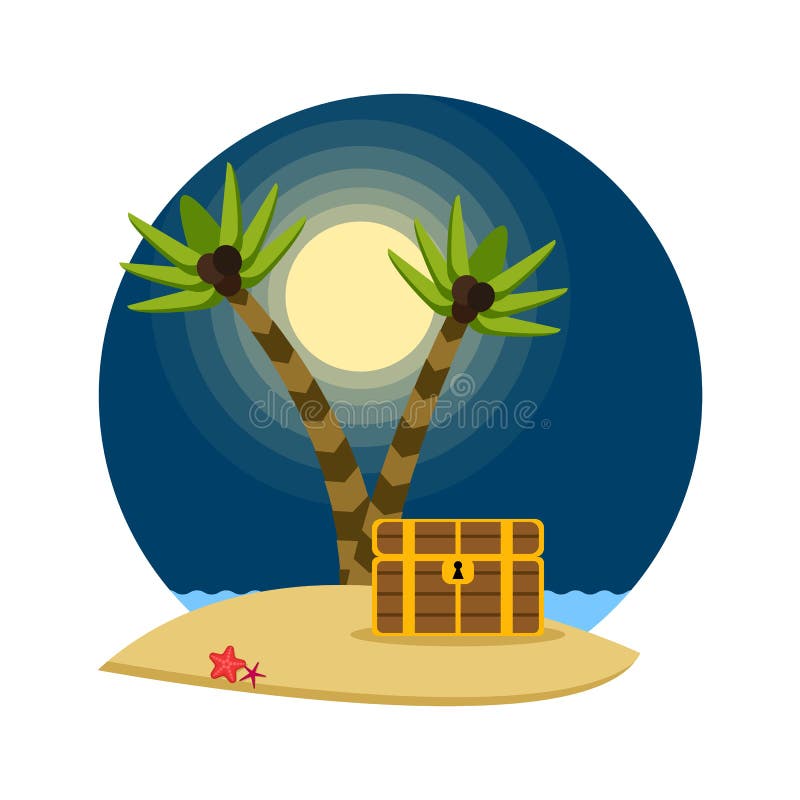 Rapini il forziere su una spiaggia tropicale con le palme, illustrazione di vettore royalty illustrazione gratis Rapini il forziere su una spiaggia tropicale con le palme, illustrazione di vettore royalty illustrazione gratis