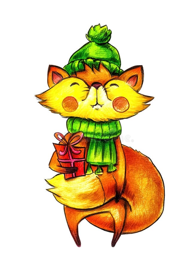 Raposa dos desenhos animados em um chapéu e em um lenço verdes do inverno com um grande presente nas mãos ilustração stock Raposa dos desenhos animados em um chapéu e em um lenço verdes do inverno com um grande presente nas mãos ilustração stock