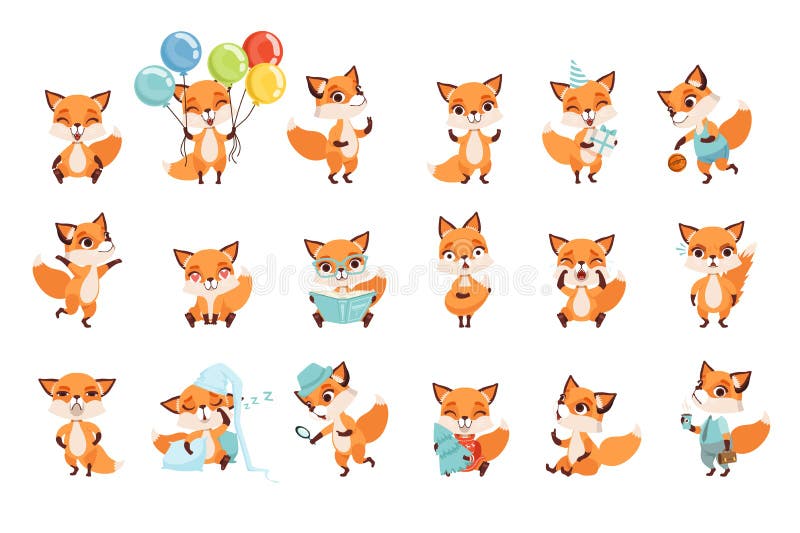 Raposas pequenas bonitos que mostram várias emoções e ações Personagens de banda desenhada de animais da floresta Projeto liso do ilustração royalty free Raposas pequenas bonitos que mostram várias emoções e ações Personagens de banda desenhada de animais da floresta Projeto liso do ilustração royalty free