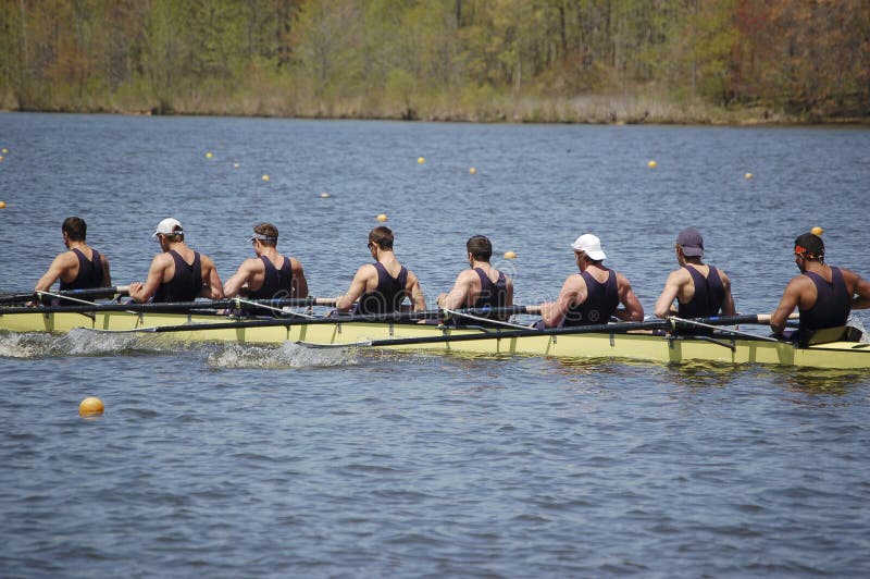 An 8-man crew team pulls together toward the end of their race. An 8-man crew team pulls together toward the end of their race