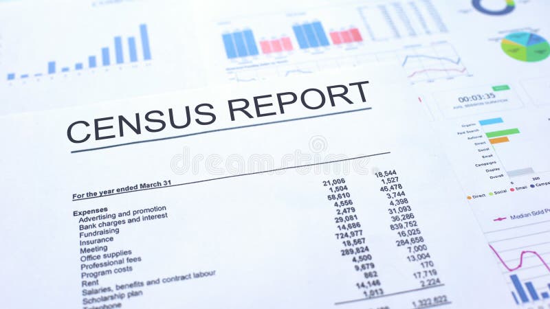 Rapporto di censimento che si trova sulla tavola, sui grafici dei grafici e sui diagrammi, documento ufficiale illustrazione vettoriale
