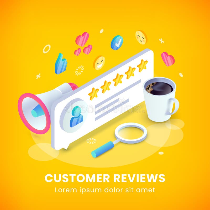 Customer review service, product rate feedback isometric banner concept. 3d Rating speech bubble with gold stars and user icon, loudspeaker, coffee. Trendy vector illustration for mobile app, web site. Customer review service, product rate feedback isometric banner concept. 3d Rating speech bubble with gold stars and user icon, loudspeaker, coffee. Trendy vector illustration for mobile app, web site