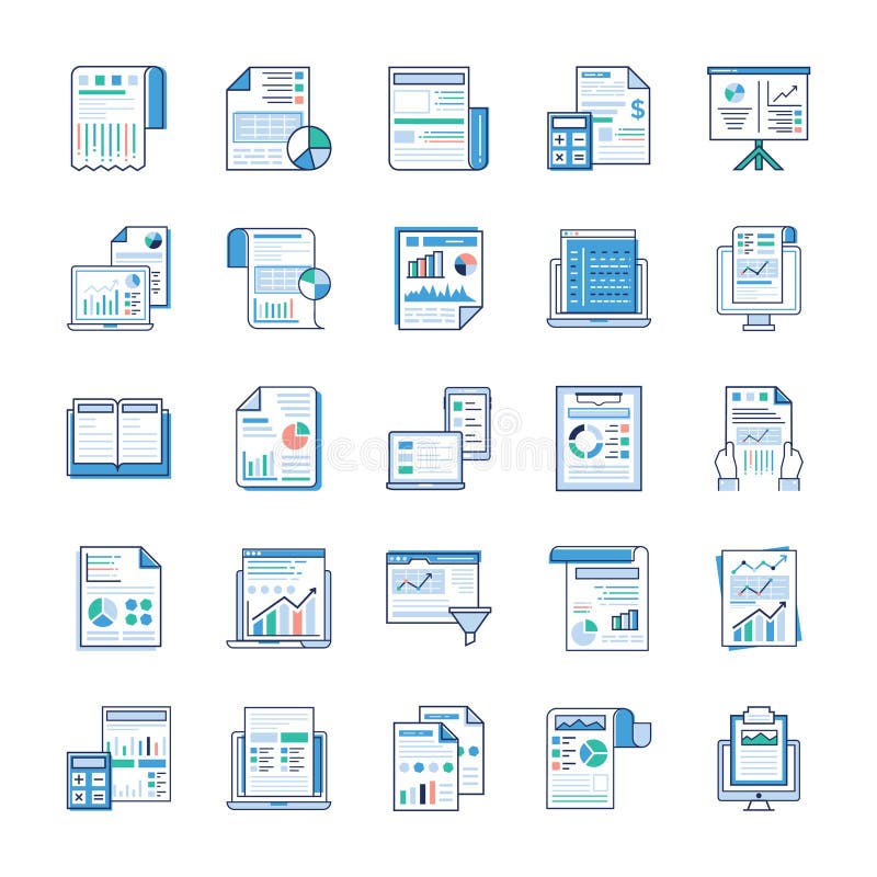 Rapports de gestion, ic?nes plates d'analyse statique illustration stock Rapports de gestion, ic?nes plates d'analyse statique illustration stock