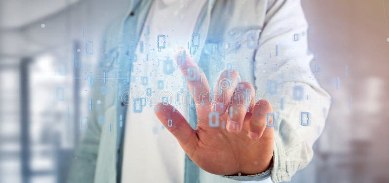 Rappresentazione binaria della nuvola 3d di dati della tenuta dell'uomo fotografia stock Rappresentazione binaria della nuvola 3d di dati della tenuta dell'uomo fotografia stock