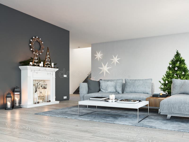 rappresentazione 3d casa con il camino in appartamento moderno Decorazione di natale immagini stock libere da diritti rappresentazione 3d casa con il camino in appartamento moderno Decorazione di natale immagini stock libere da diritti