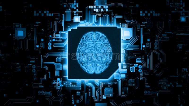 Rappresentazione 3D del concetto di hardware di intelligenza artificiale Circuito blu d'ardore del cervello sul microchip sulla s fotografie stock