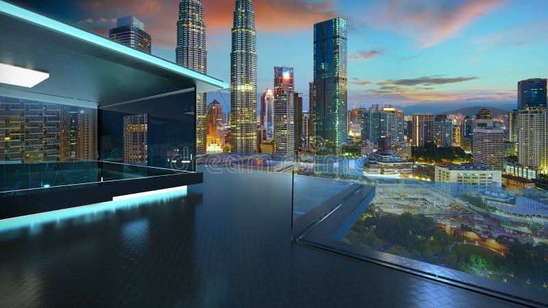 rappresentazione 3D di un balcone di vetro moderno con il fondo reale di fotografia dell'orizzonte della città