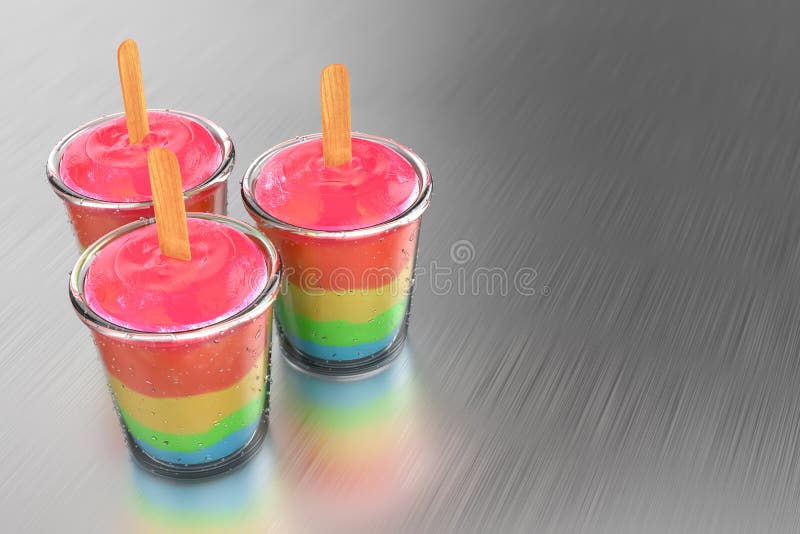 rappresentazione 3d di un gruppo di ghiaccioli del budino dell'arcobaleno con vetro illustrazione di stock rappresentazione 3d di un gruppo di ghiaccioli del budino dell'arcobaleno con vetro illustrazione di stock