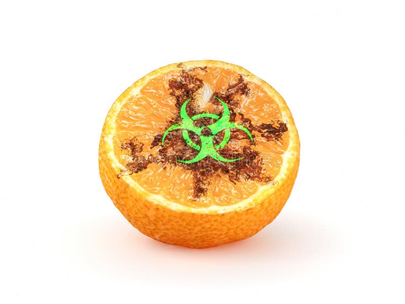 rappresentazione 3d di una metà del mandarino con un segno di rischio biologico d'ardore