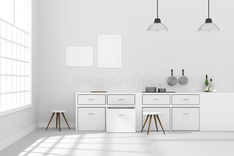 rappresentazione 3D: illustrazione di progettazione moderna interna bianca della stanza della cucina con l'attaccatura della lamp illustrazione vettoriale rappresentazione 3D: illustrazione di progettazione moderna interna bianca della stanza della cucina con l'attaccatura della lamp illustrazione vettoriale