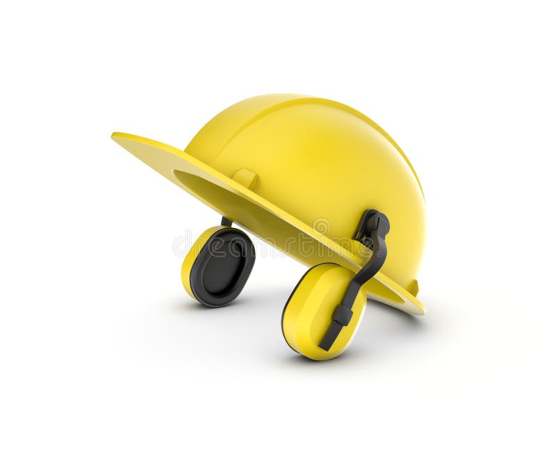 Rappresentazione del casco giallo con le cuffie isolate sui precedenti bianchi fotografia stock