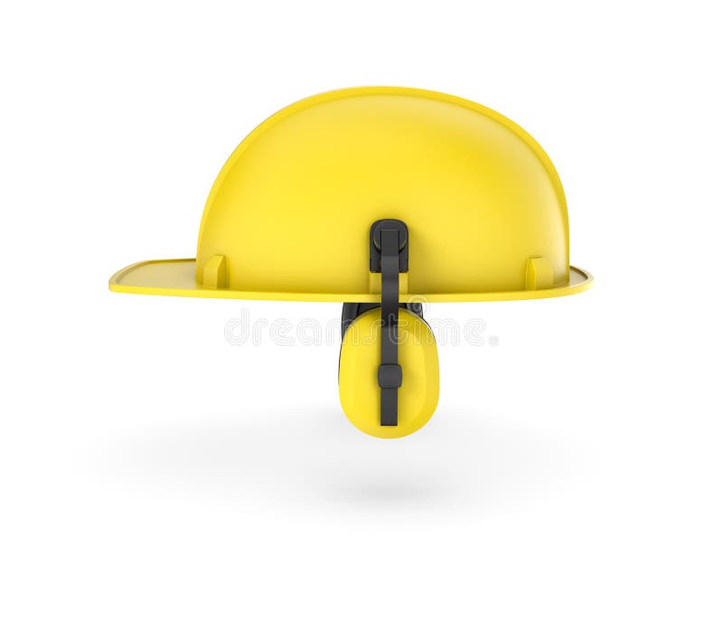 Rappresentazione del casco giallo con le cuffie isolate sui precedenti bianchi immagine stock libera da diritti