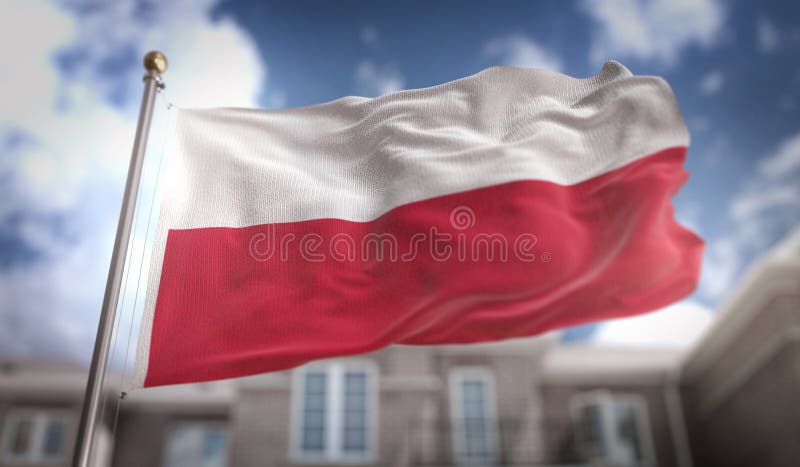 Rappresentazione della bandiera 3D della Polonia sul fondo della costruzione del cielo blu